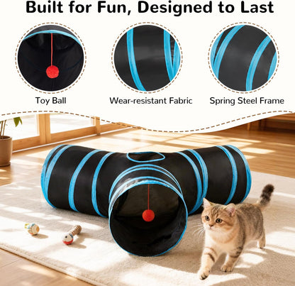 empcore Pet Cat Tunnel Tube Cat Toys 3 Way Collapsible, Tunnels for Indoor Cats，Kitty Bored Peek Hole Toy Ball Cat, Puppy, Kitty, Kitten