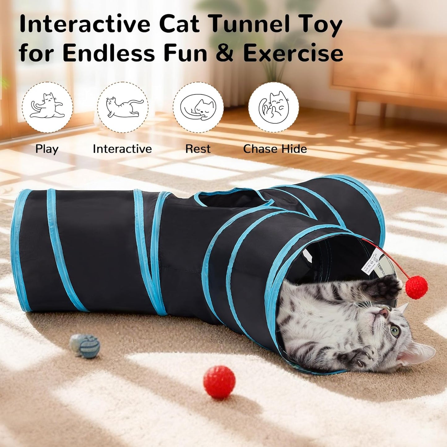 empcore Pet Cat Tunnel Tube Cat Toys 3 Way Collapsible, Tunnels for Indoor Cats，Kitty Bored Peek Hole Toy Ball Cat, Puppy, Kitty, Kitten